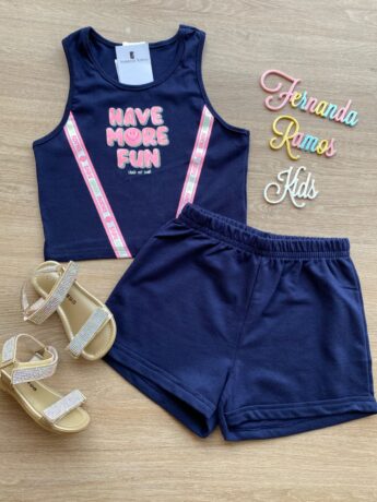 Conjunto Infantil Feminino Cropped Have More e Short Azul Marinho Fernanda Ramos Kids