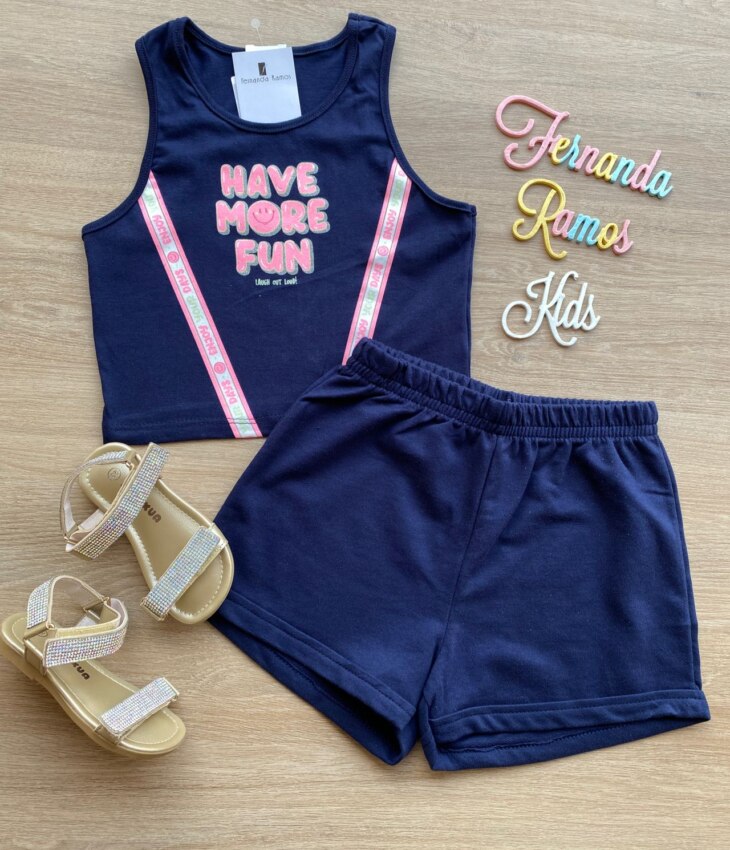 Conjunto Infantil Feminino Cropped Have More e Short Azul Marinho Fernanda Ramos Kids