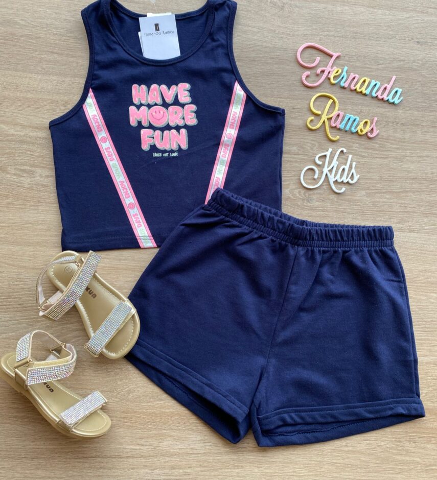 Conjunto Infantil Feminino Cropped Have More e Short Azul Marinho Fernanda Ramos Kids