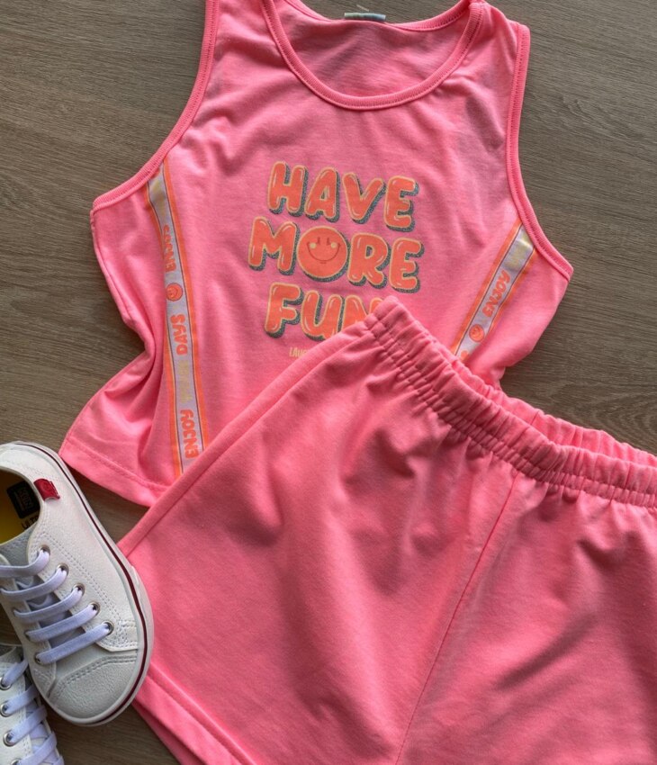 fernandaramoskids com br Conjunto Infantil Feminino Cropped Have More e Short Pink Flúor 1
