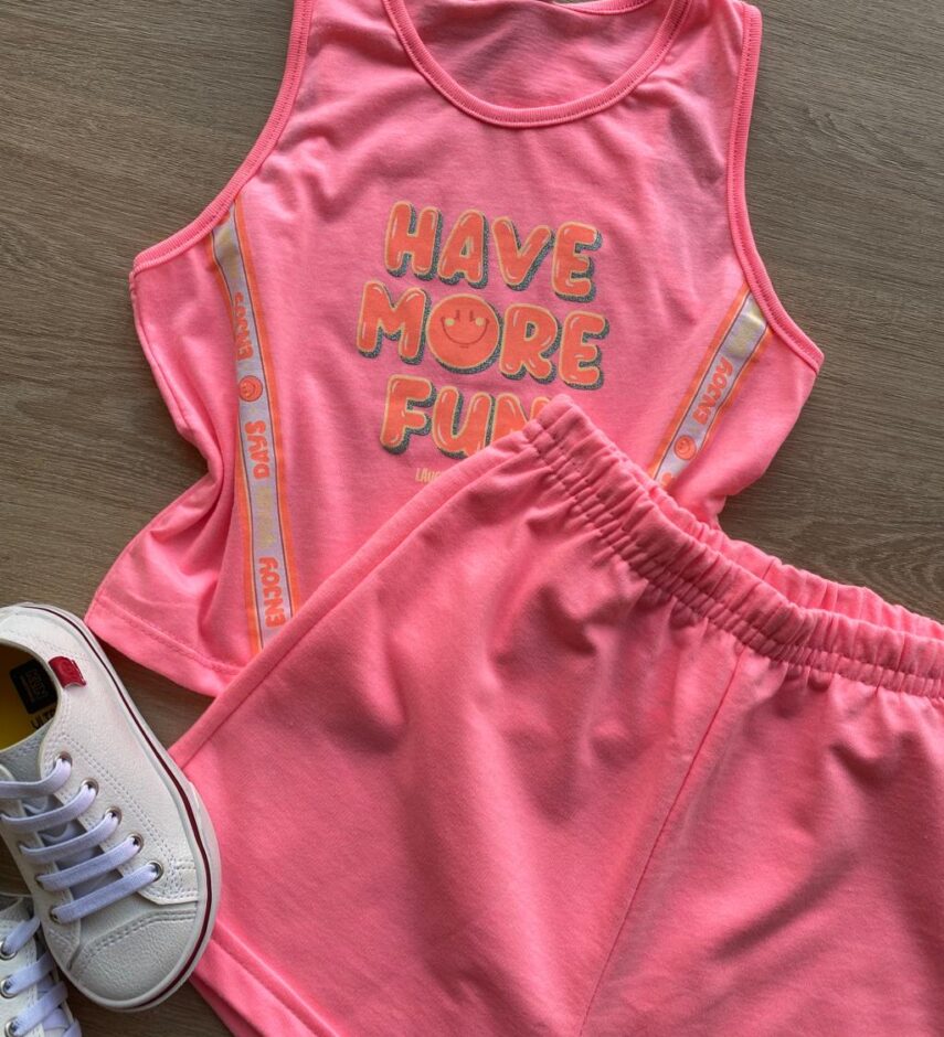 fernandaramoskids com br Conjunto Infantil Feminino Cropped Have More e Short Pink Flúor 1