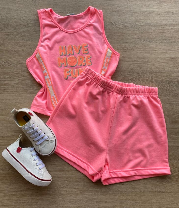 Conjunto Infantil Feminino Cropped Have More e Short Pink Flúor Fernanda Ramos Kids