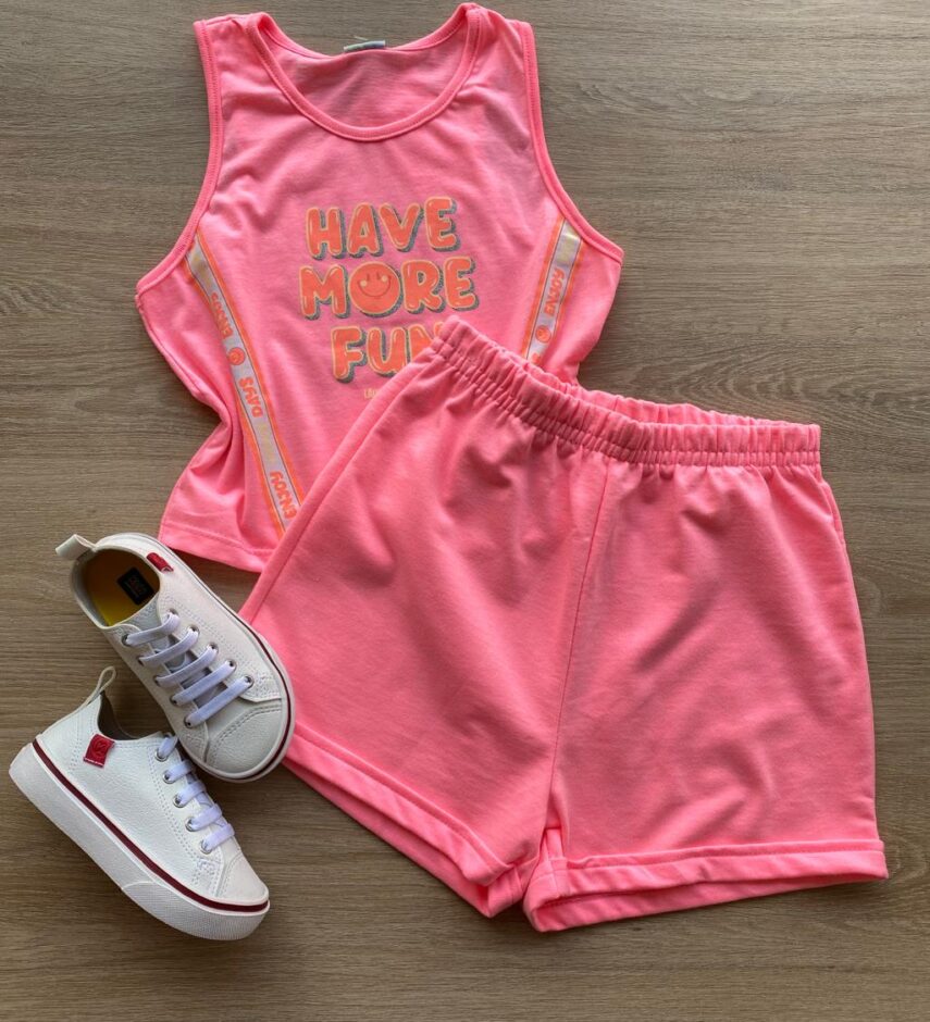 Conjunto Infantil Feminino Cropped Have More e Short Pink Flúor Fernanda Ramos Kids