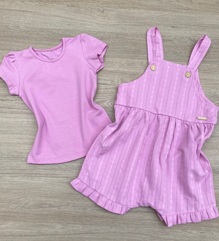 fernandaramoskids com br Conjunto Infantil Feminino Jardineira e Blusa Manga Curta Lilás 2