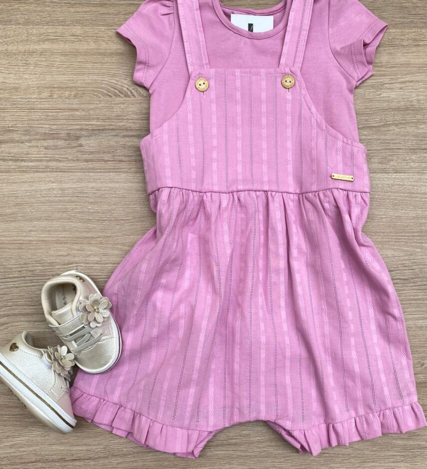 Conjunto Infantil Feminino Jardineira e Blusa Manga Curta Lilás Fernanda Ramos Kids