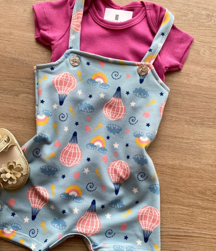 fernandaramoskids com br Conjunto Infantil Feminino Jardineira Estampada Azul e Body Pink 1