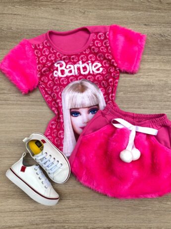 Conjunto Infantil Feminino Pelinho Blusa e Short Saia Pink Fernanda Ramos Kids