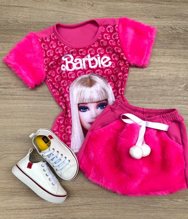 Conjunto Infantil Feminino Pelinho Blusa e Short Saia Pink Fernanda Ramos Kids