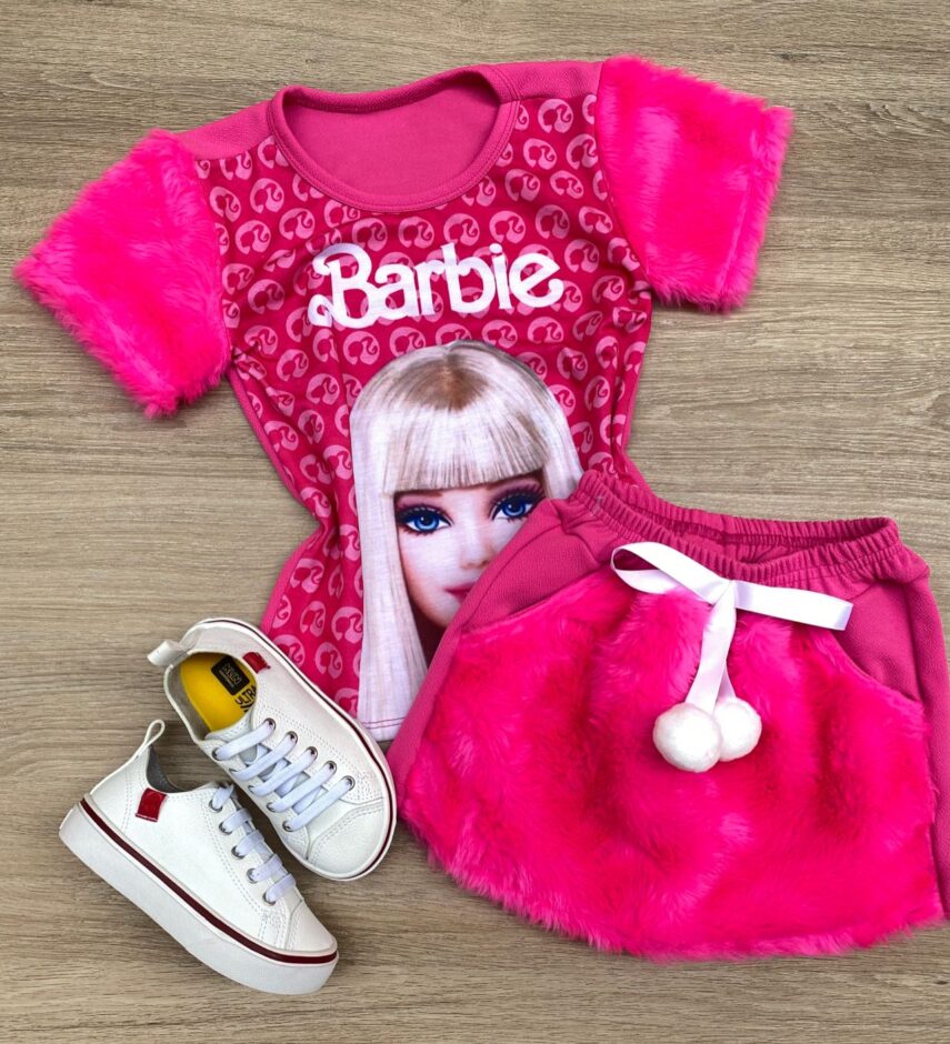 Conjunto Infantil Feminino Pelinho Blusa e Short Saia Pink Fernanda Ramos Kids