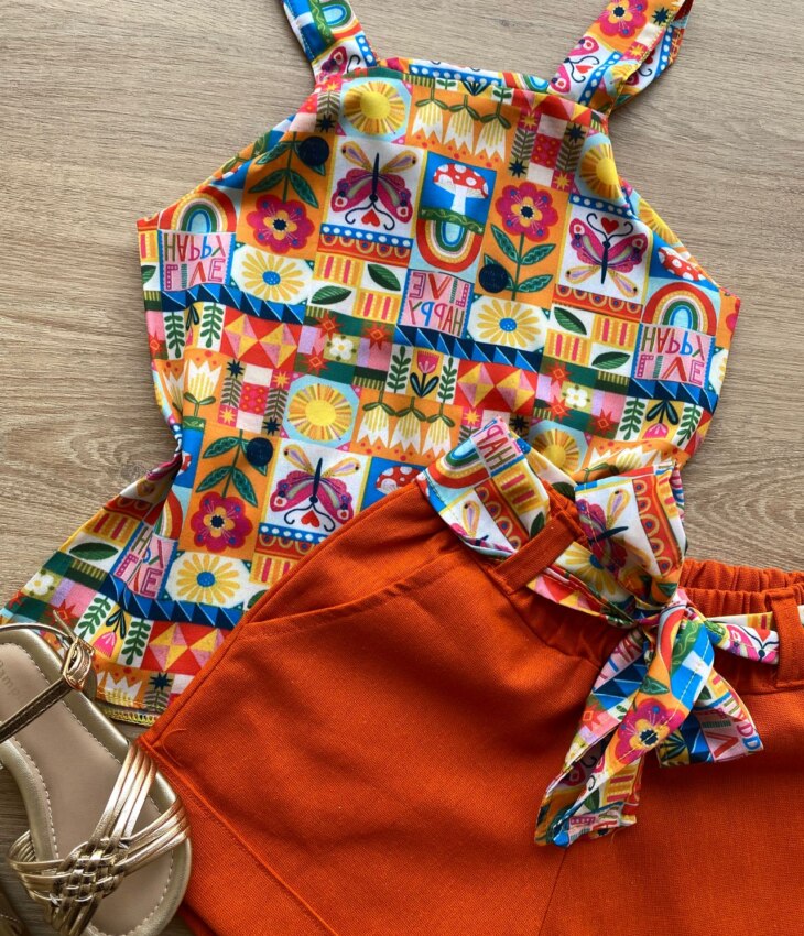 fernandaramoskids com br Conjunto Infantil Feminino Regata com Estampa e Short Amarração Laranja 1