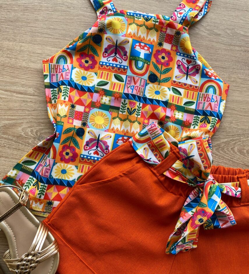 fernandaramoskids com br Conjunto Infantil Feminino Regata com Estampa e Short Amarração Laranja 1