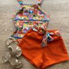 Conjunto Infantil Feminino Regata com Estampa e Short Amarração Laranja Fernanda Ramos Kids