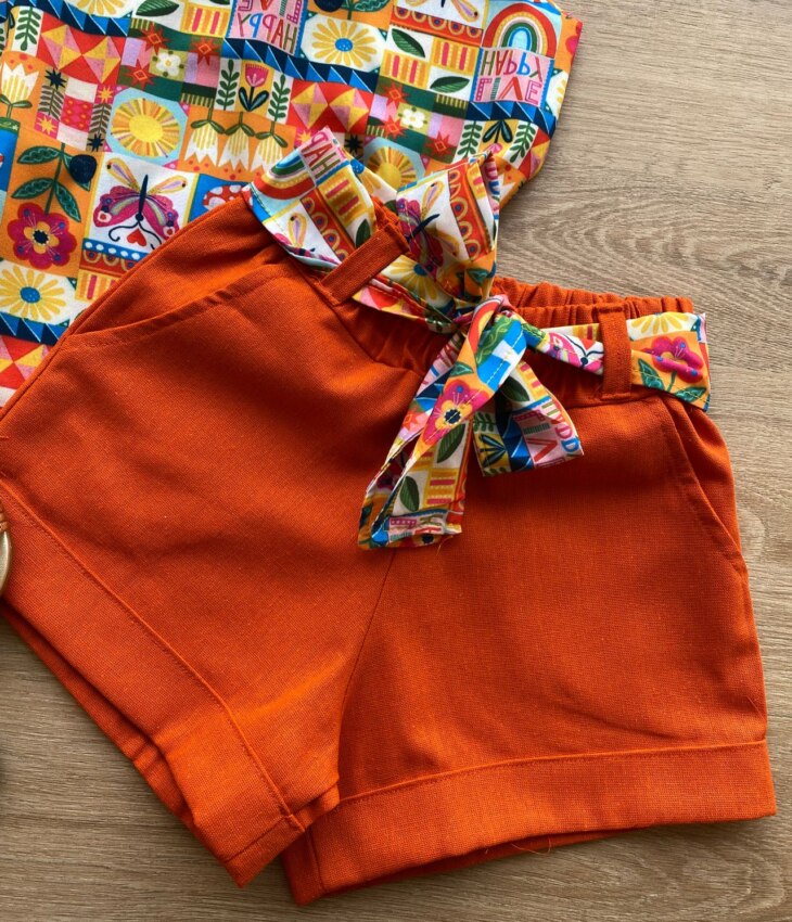 fernandaramoskids com br Conjunto Infantil Feminino Regata com Estampa e Short Amarração Laranja 2