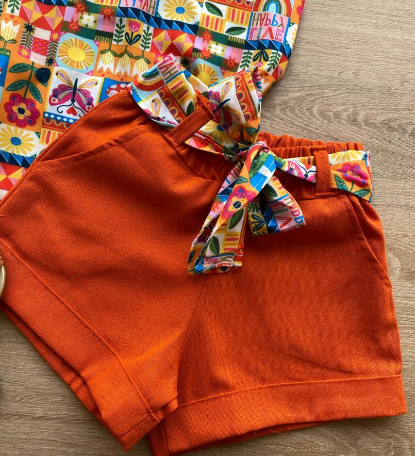 fernandaramoskids com br Conjunto Infantil Feminino Regata com Estampa e Short Amarração Laranja 2