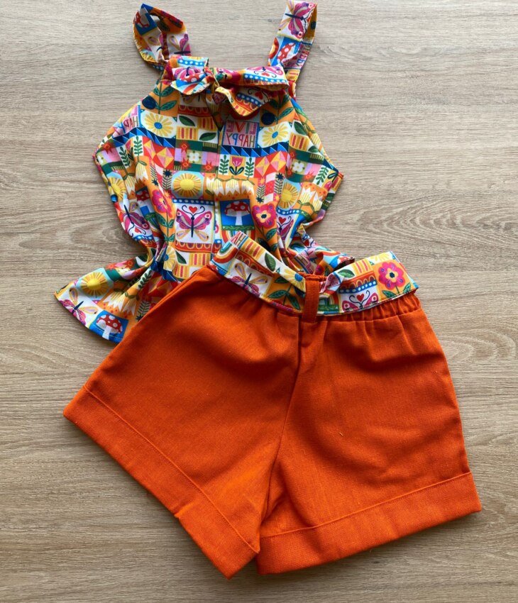 fernandaramoskids com br Conjunto Infantil Feminino Regata com Estampa e Short Amarração Laranja 3