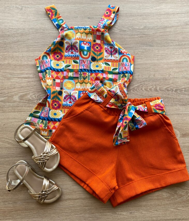 Conjunto Infantil Feminino Regata com Estampa e Short Amarração Laranja Fernanda Ramos Kids