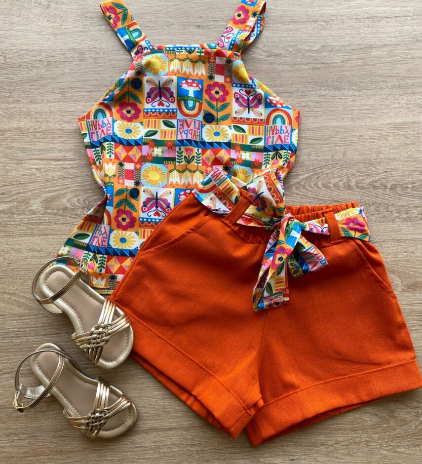 Conjunto Infantil Feminino Regata com Estampa e Short Amarração Laranja Fernanda Ramos Kids