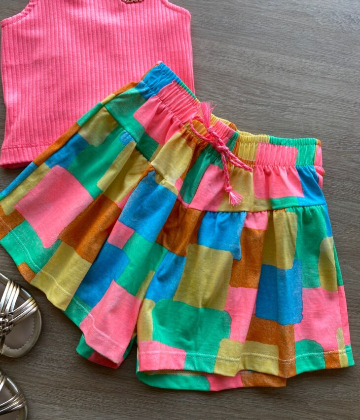 fernandaramoskids com br Conjunto Infantil Feminino Regata Cropped Pink e Short Estampado 2