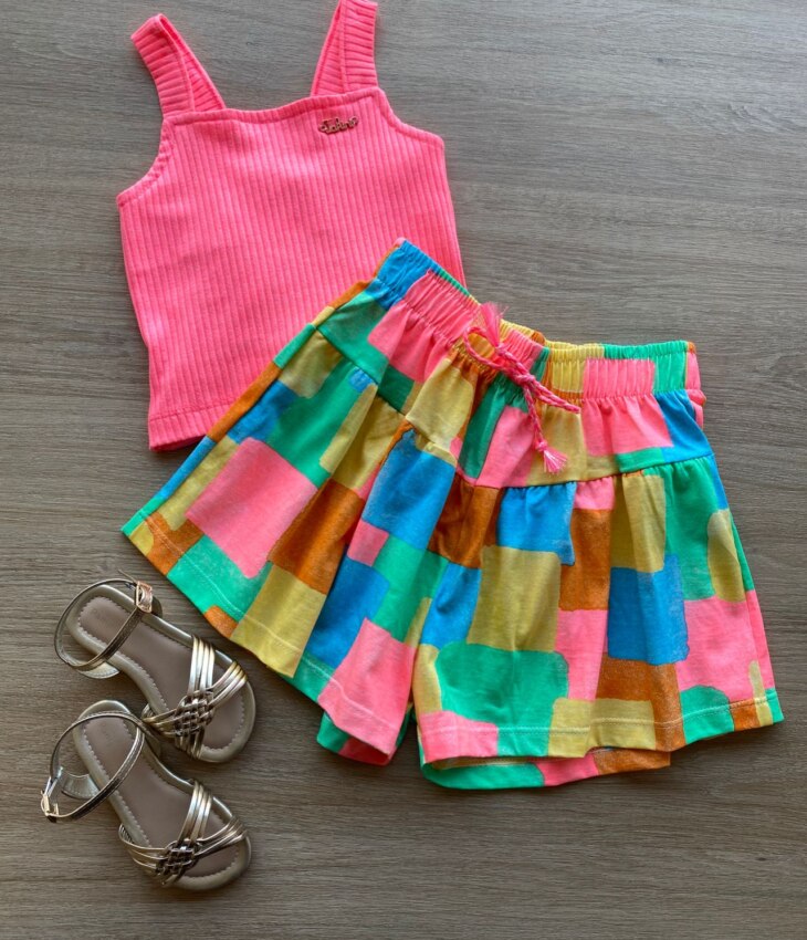 Conjunto Infantil Feminino Regata Cropped Pink e Short Estampado Fernanda Ramos Kids