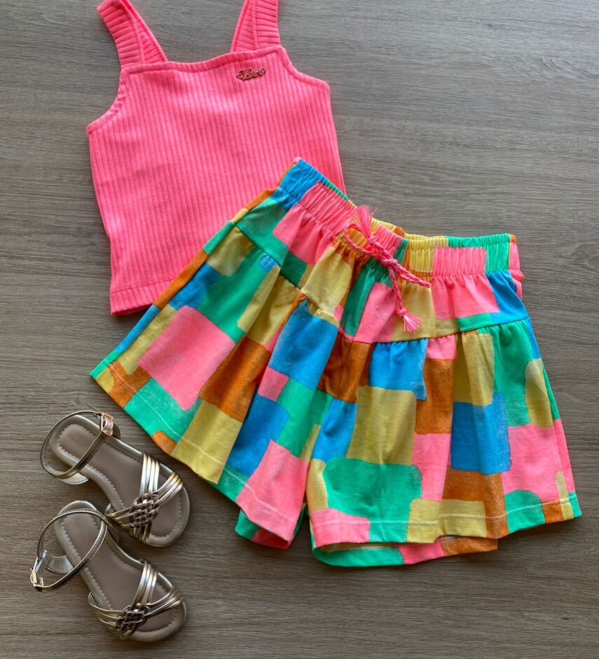 Conjunto Infantil Feminino Regata Cropped Pink e Short Estampado Fernanda Ramos Kids
