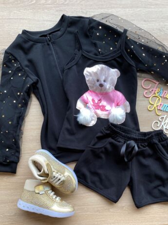 fernandaramoskids com br Conjunto Infantil Feminino Regata Estampa Urso + Jaqueta + Short Preto 1