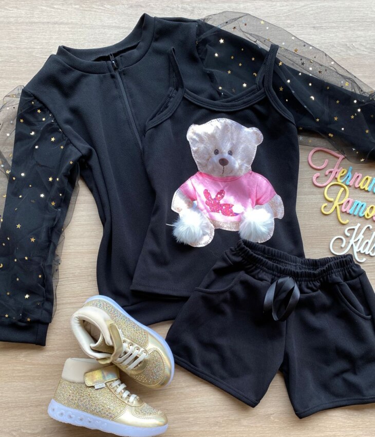 fernandaramoskids com br Conjunto Infantil Feminino Regata Estampa Urso + Jaqueta + Short Preto 1