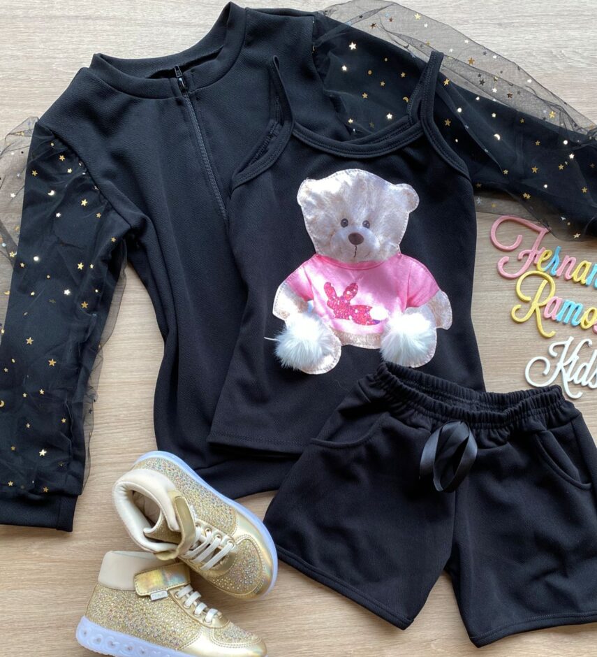 fernandaramoskids com br Conjunto Infantil Feminino Regata Estampa Urso + Jaqueta + Short Preto 1