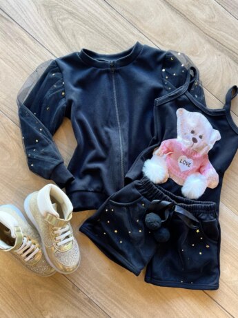 fernandaramoskids com br Conjunto Infantil Feminino Regata Estampa Urso + Jaqueta + Short Preto