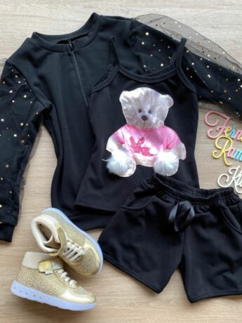 Conjunto Infantil Feminino Regata Estampa Urso + Jaqueta + Short Preto Fernanda Ramos Kids