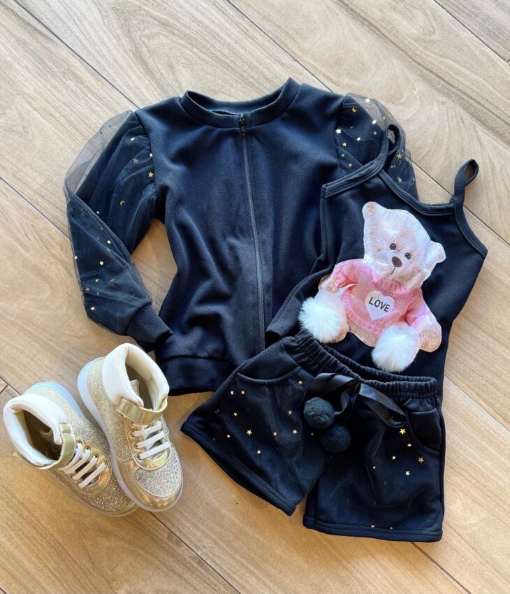 fernandaramoskids com br Conjunto Infantil Feminino Regata Estampa Urso + Jaqueta + Short Preto