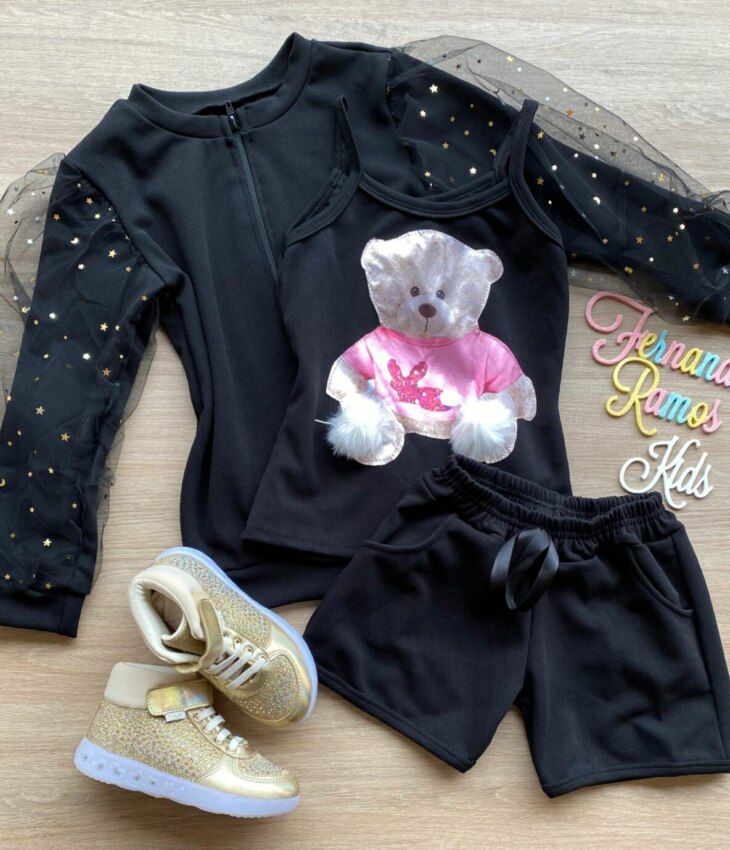 Conjunto Infantil Feminino Regata Estampa Urso + Jaqueta + Short Preto Fernanda Ramos Kids