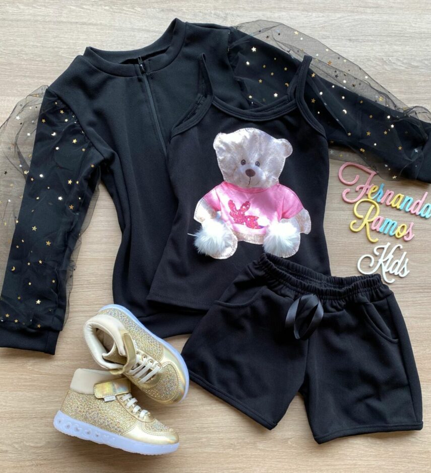 Conjunto Infantil Feminino Regata Estampa Urso + Jaqueta + Short Preto Fernanda Ramos Kids