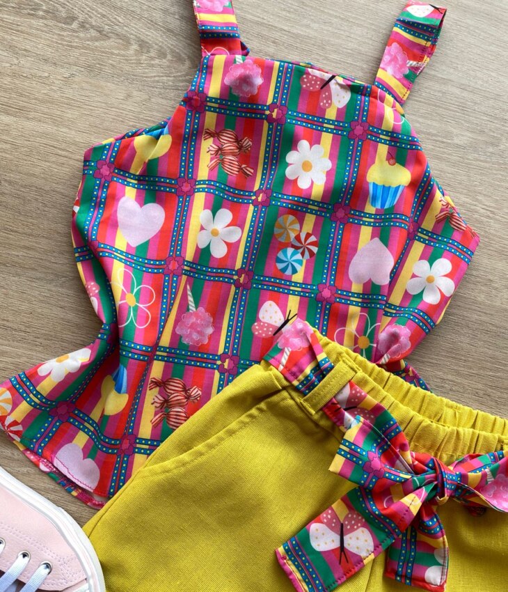 fernandaramoskids com br Conjunto Infantil Feminino Regata Estampada e Short com Amarração Amarelo 1