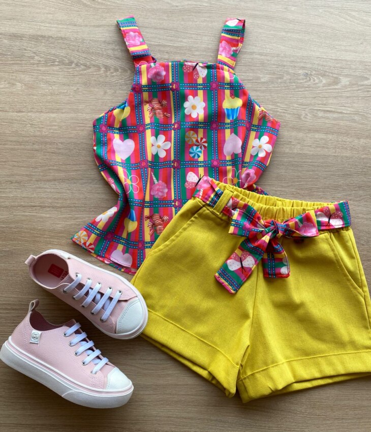 Conjunto Infantil Feminino Regata Estampada e Short com Amarração Amarelo Fernanda Ramos Kids