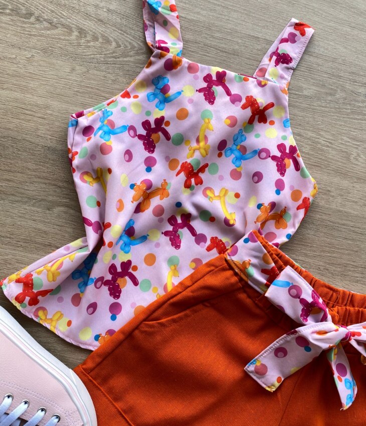 fernandaramoskids com br Conjunto Infantil Feminino Regata Estampada e Short com Amarração Laranja 1