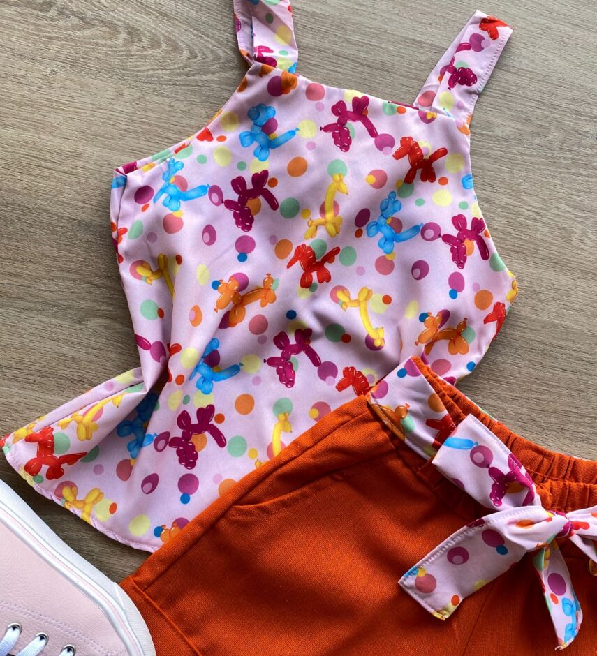 fernandaramoskids com br Conjunto Infantil Feminino Regata Estampada e Short com Amarração Laranja 1