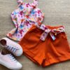 Conjunto Infantil Feminino Regata Estampada e Short com Amarração Laranja Fernanda Ramos Kids