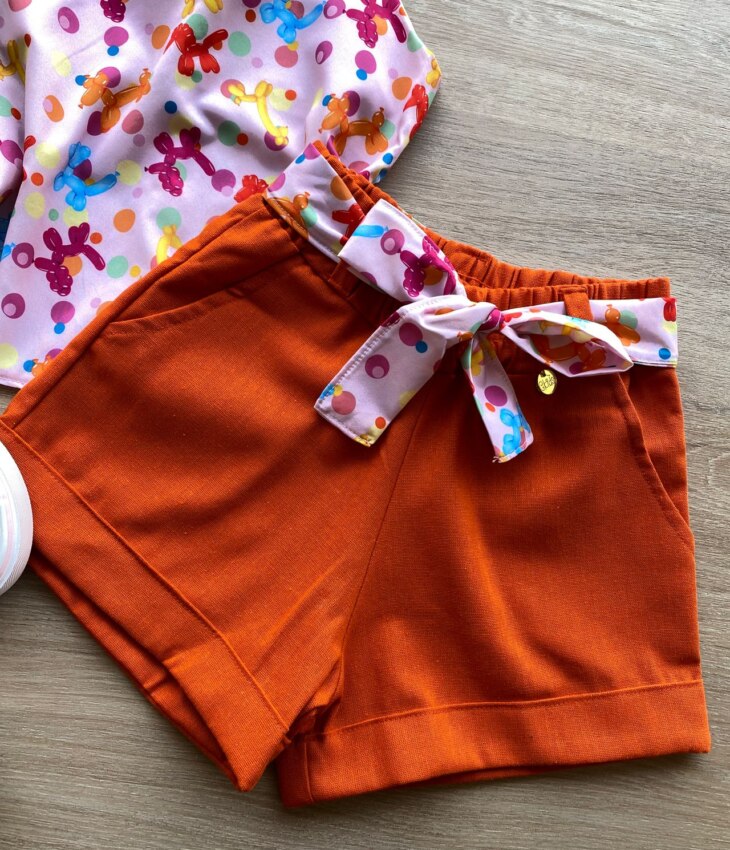 fernandaramoskids com br Conjunto Infantil Feminino Regata Estampada e Short com Amarração Laranja 2