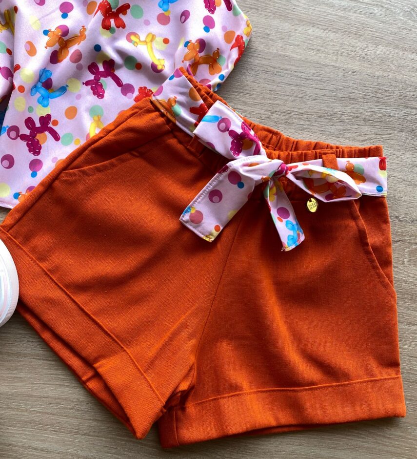 fernandaramoskids com br Conjunto Infantil Feminino Regata Estampada e Short com Amarração Laranja 2