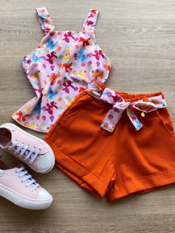 Conjunto Infantil Feminino Regata Estampada e Short com Amarração Laranja Fernanda Ramos Kids