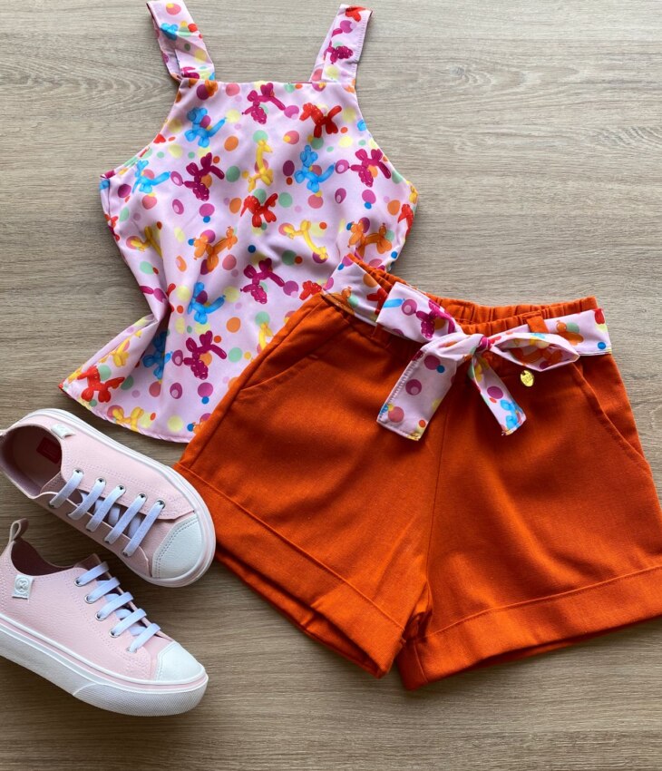 Conjunto Infantil Feminino Regata Estampada e Short com Amarração Laranja Fernanda Ramos Kids
