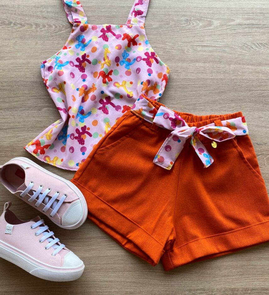 Conjunto Infantil Feminino Regata Estampada e Short com Amarração Laranja Fernanda Ramos Kids