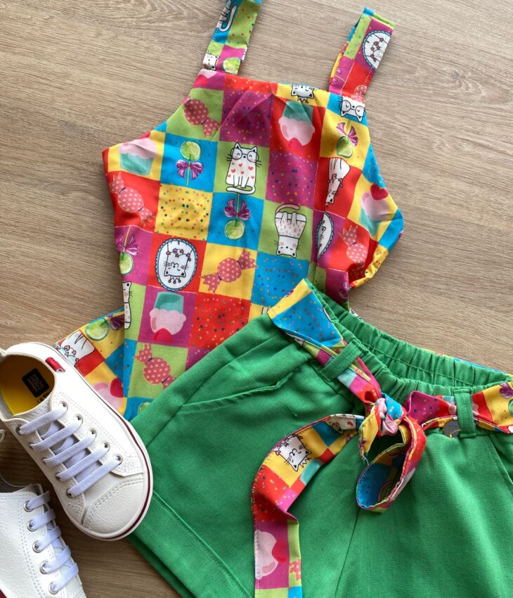 fernandaramoskids com br Conjunto Infantil Feminino Regata Estampada e Short com Amarração Verde 1