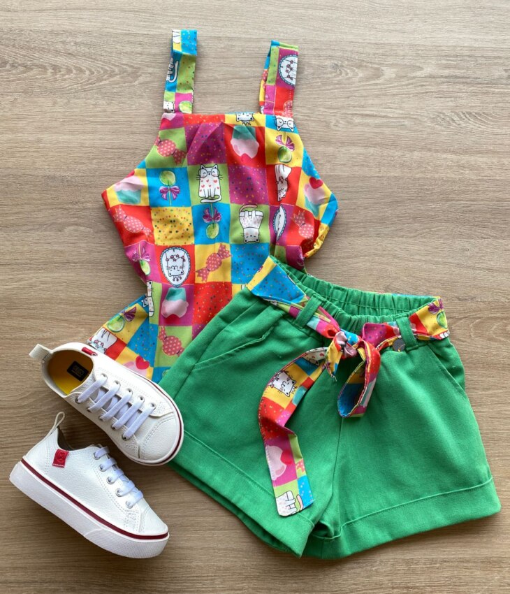 Conjunto Infantil Feminino Regata Estampada e Short com Amarração Verde Fernanda Ramos Kids
