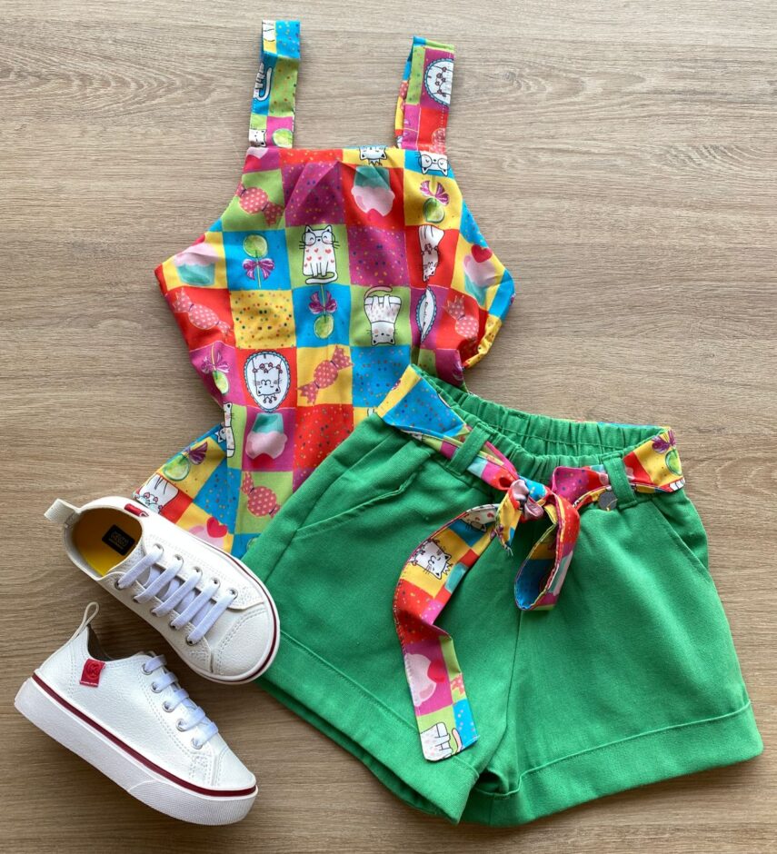 Conjunto Infantil Feminino Regata Estampada e Short com Amarração Verde Fernanda Ramos Kids