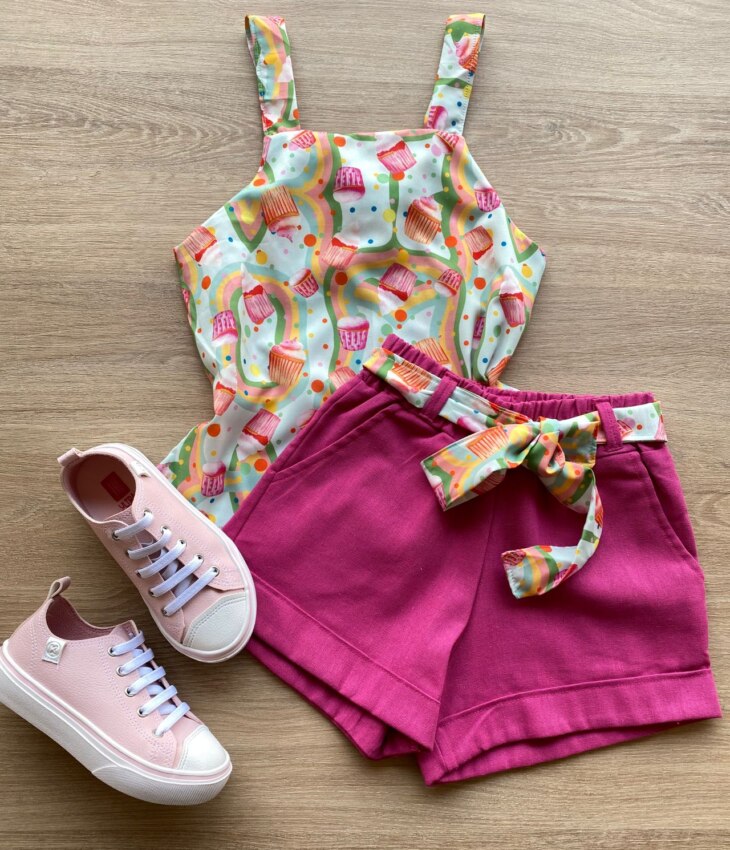 Conjunto Infantil Feminino Regata Estampada e Short Pink Fernanda Ramos Kids