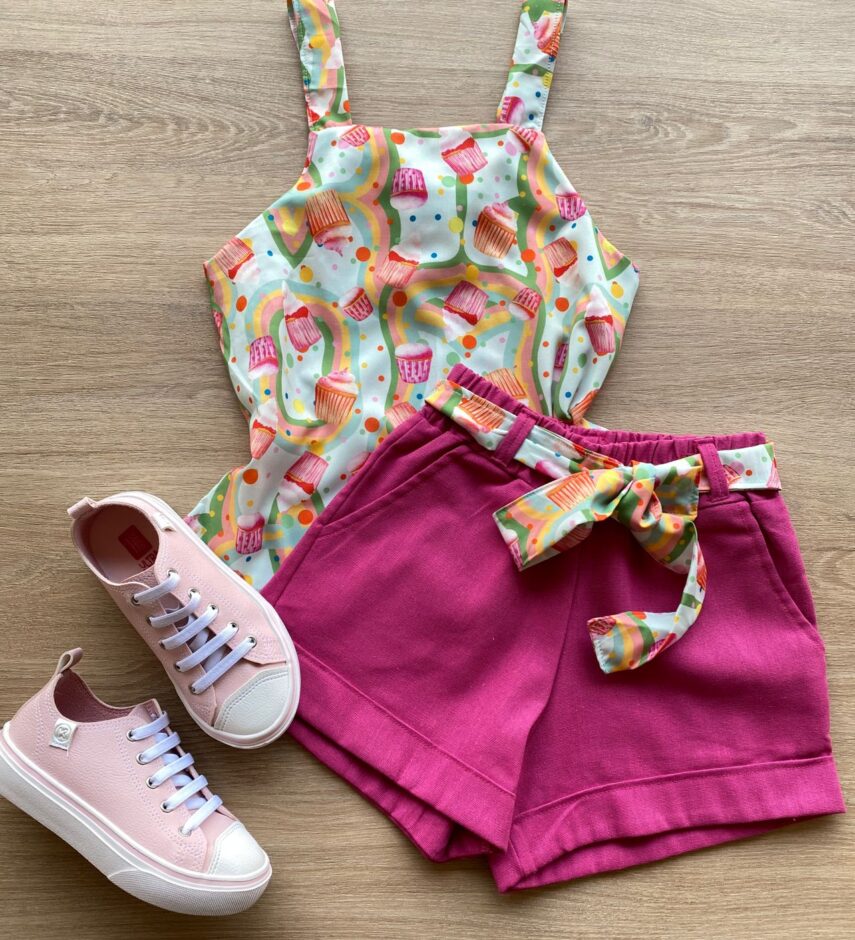 Conjunto Infantil Feminino Regata Estampada e Short Pink Fernanda Ramos Kids