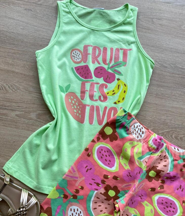 fernandaramoskids com br Conjunto Infantil Feminino Regata Fruit Verde e Short Estampado 1