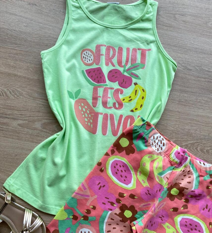 fernandaramoskids com br Conjunto Infantil Feminino Regata Fruit Verde e Short Estampado 1