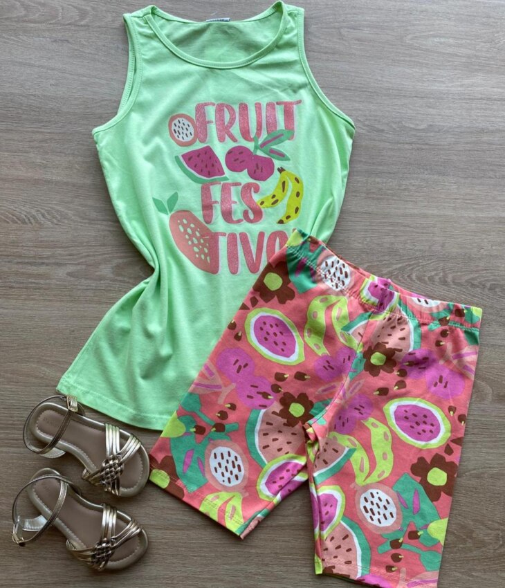 Conjunto Infantil Feminino Regata Fruit Verde e Short Estampado Fernanda ramos Kids